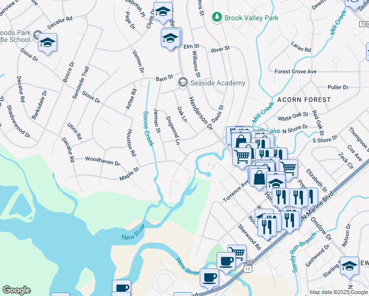 map of restaurants, bars, coffee shops, grocery stores, and more near 402 Dogwood Lane in Jacksonville