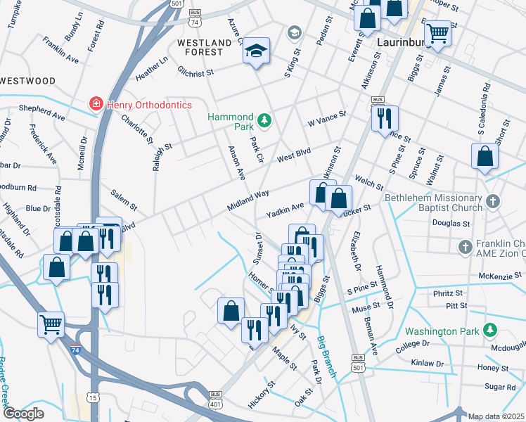 map of restaurants, bars, coffee shops, grocery stores, and more near 414 Yadkin Avenue in Laurinburg