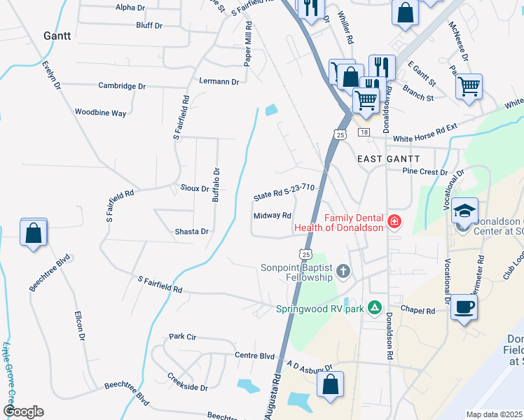 map of restaurants, bars, coffee shops, grocery stores, and more near 10 Midway Road in Greenville