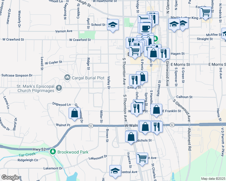 map of restaurants, bars, coffee shops, grocery stores, and more near 601 Valley Drive in Dalton