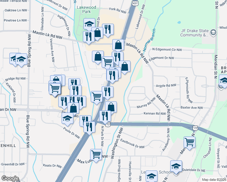 map of restaurants, bars, coffee shops, grocery stores, and more near 3154-3208 Memorial Pkwy NW in Huntsville