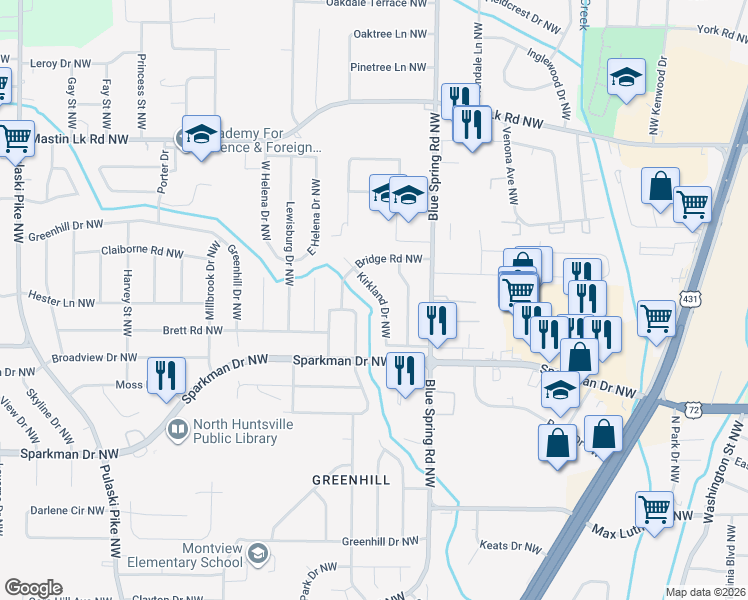 map of restaurants, bars, coffee shops, grocery stores, and more near 3010 Kirkland Drive Northwest in Huntsville