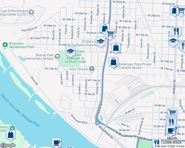 map of restaurants, bars, coffee shops, grocery stores, and more near 1120 Franklin Street in North Little Rock
