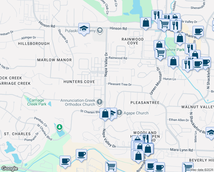 map of restaurants, bars, coffee shops, grocery stores, and more near 12117 Pleasant Tree Drive in Little Rock