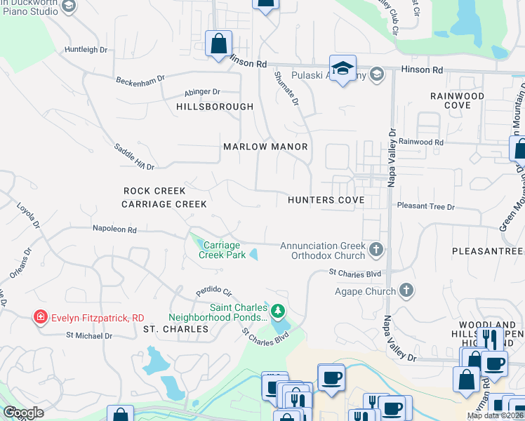 map of restaurants, bars, coffee shops, grocery stores, and more near 42 Morrison Court in Little Rock