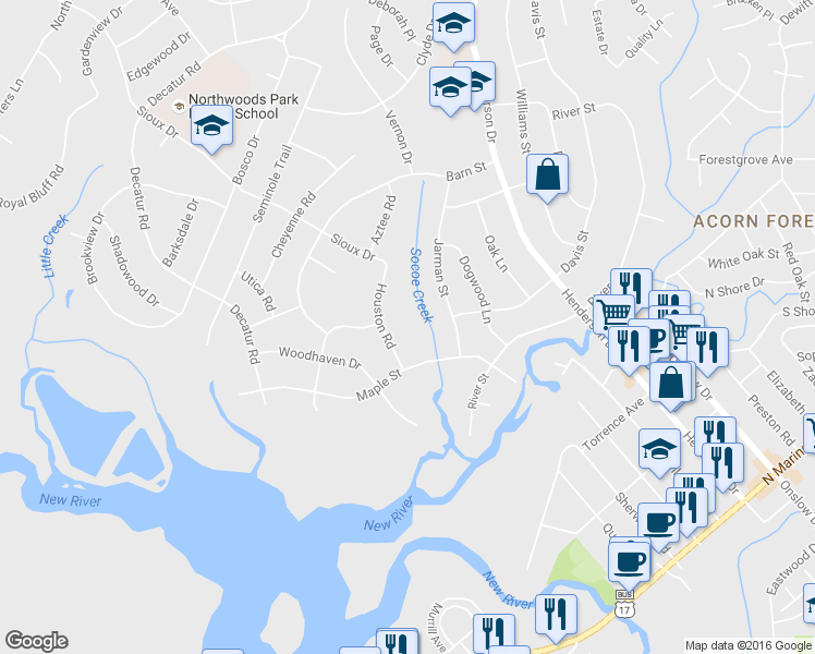 map of restaurants, bars, coffee shops, grocery stores, and more near 408 Houston Road in Jacksonville