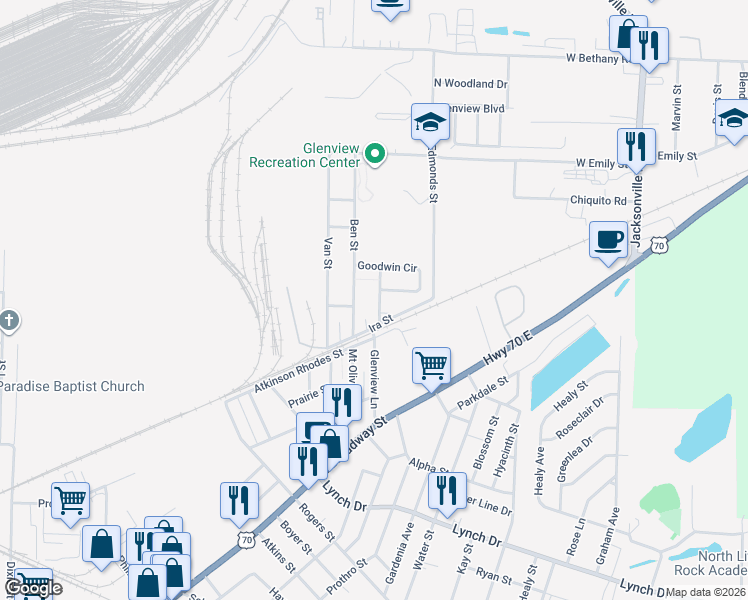 map of restaurants, bars, coffee shops, grocery stores, and more near 1411 James Street in North Little Rock