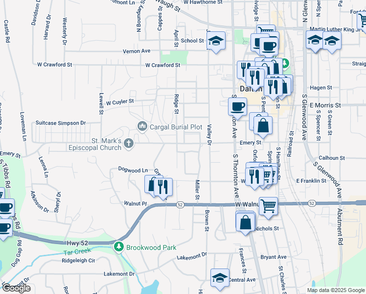 map of restaurants, bars, coffee shops, grocery stores, and more near 100 Maddox Street in Dalton