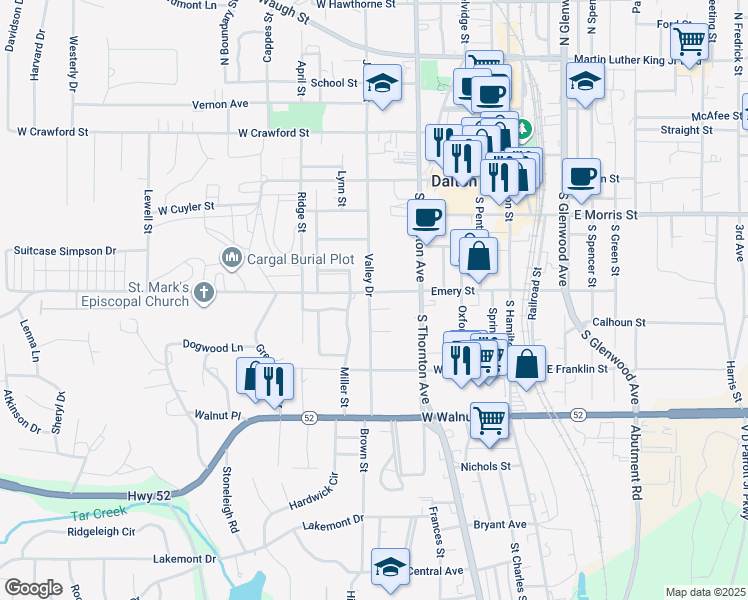 map of restaurants, bars, coffee shops, grocery stores, and more near 601 Valley Drive in Dalton