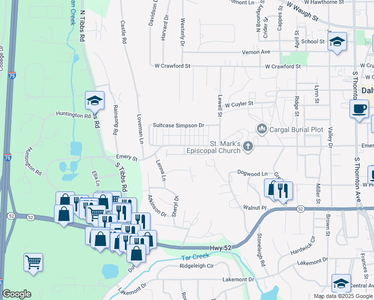 map of restaurants, bars, coffee shops, grocery stores, and more near 1219 West Emery Street in Dalton