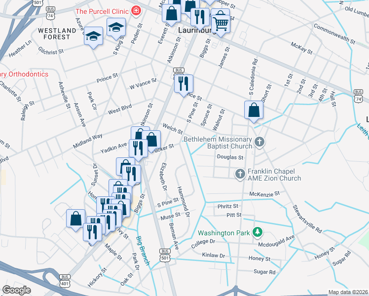 map of restaurants, bars, coffee shops, grocery stores, and more near 1008 South Pine Street in Laurinburg