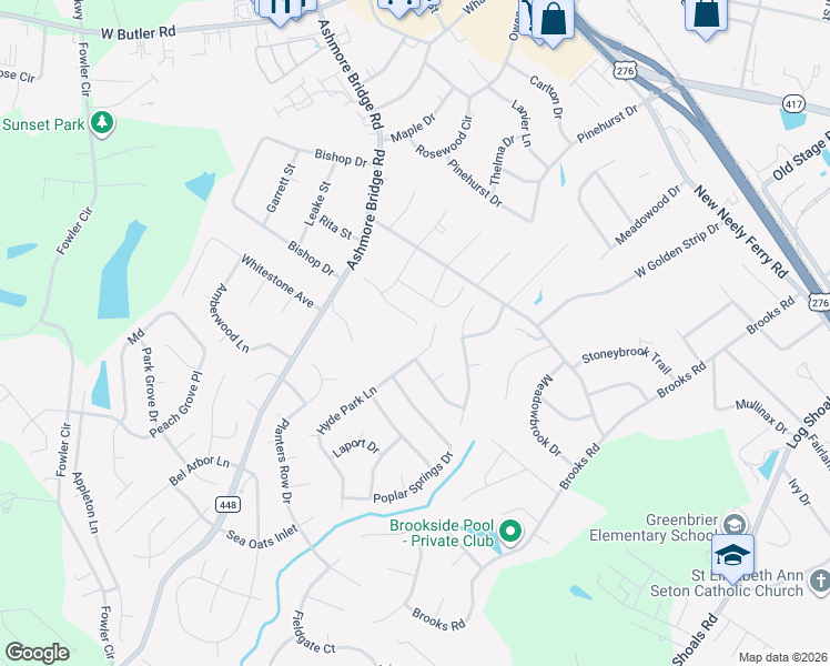 map of restaurants, bars, coffee shops, grocery stores, and more near 8 Hyde Park Lane in Mauldin