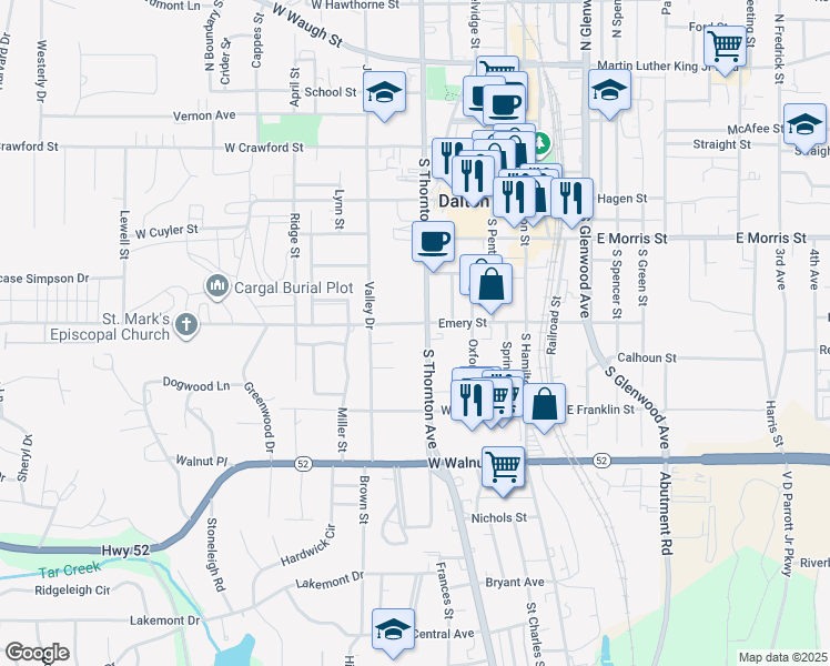 map of restaurants, bars, coffee shops, grocery stores, and more near 600 S Thornton Ave in Dalton