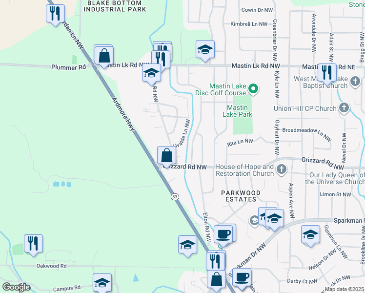 map of restaurants, bars, coffee shops, grocery stores, and more near 3206 Uvalde Lane Northwest in Huntsville