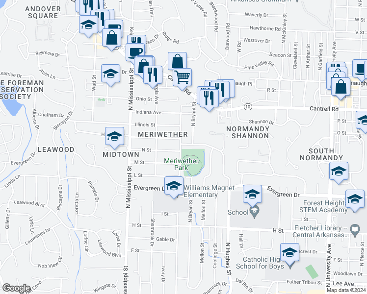 map of restaurants, bars, coffee shops, grocery stores, and more near 1623 North Hughes Street in Little Rock
