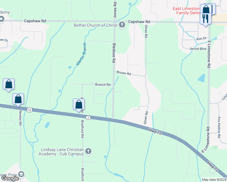 map of restaurants, bars, coffee shops, grocery stores, and more near 14448 Bledsoe Road in Athens
