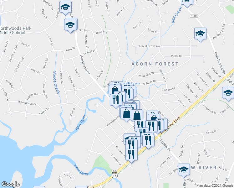 map of restaurants, bars, coffee shops, grocery stores, and more near 2586 Onslow Drive in Jacksonville