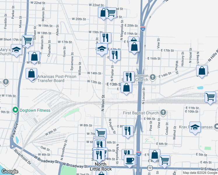 map of restaurants, bars, coffee shops, grocery stores, and more near 115 East 12th Street in North Little Rock