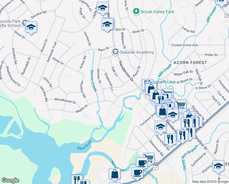 map of restaurants, bars, coffee shops, grocery stores, and more near 407 Dogwood Lane in Jacksonville