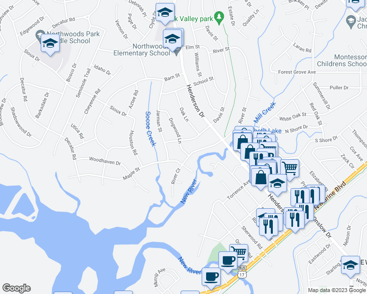 map of restaurants, bars, coffee shops, grocery stores, and more near 404 Dogwood Lane in Jacksonville