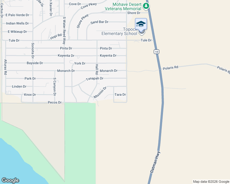 map of restaurants, bars, coffee shops, grocery stores, and more near 4953 Tara Drive in Topock