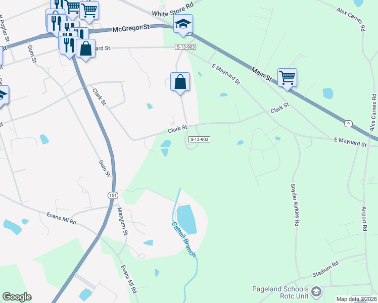 map of restaurants, bars, coffee shops, grocery stores, and more near Usher Street in Pageland