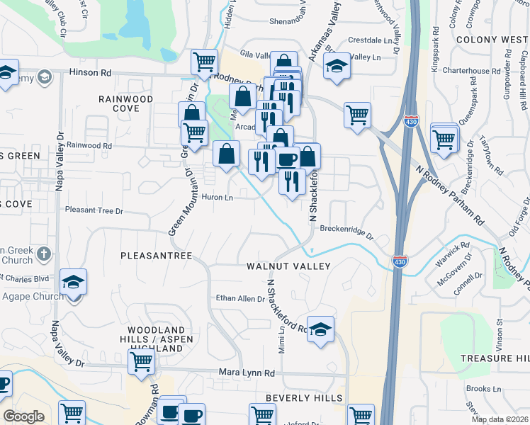 map of restaurants, bars, coffee shops, grocery stores, and more near 3 Innwood Circle in Little Rock