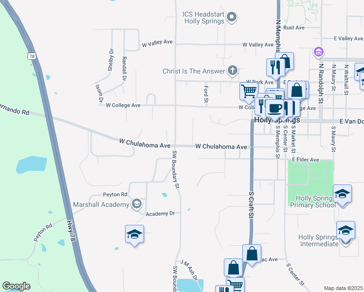 map of restaurants, bars, coffee shops, grocery stores, and more near West Chulahoma Avenue in Holly Springs