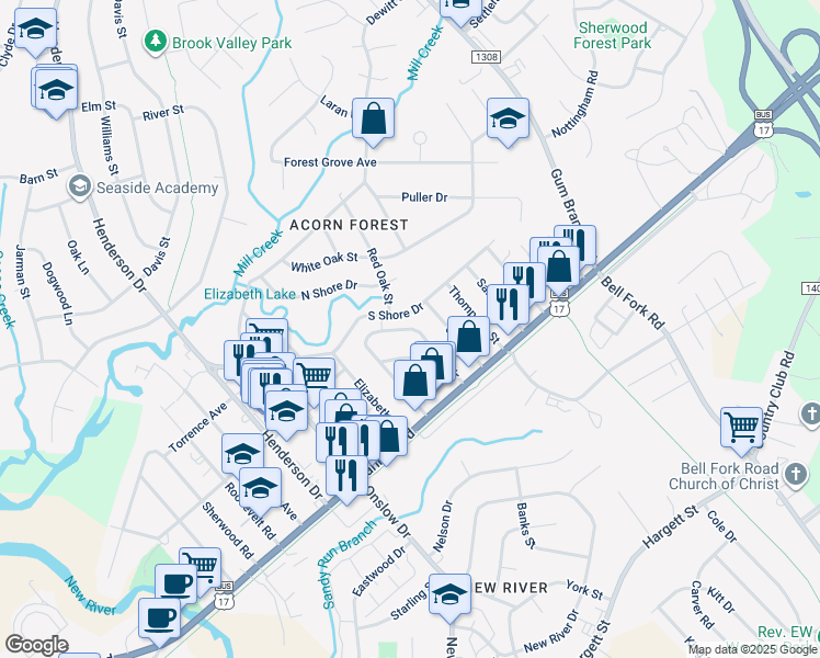 map of restaurants, bars, coffee shops, grocery stores, and more near 216 Zack Circle in Jacksonville