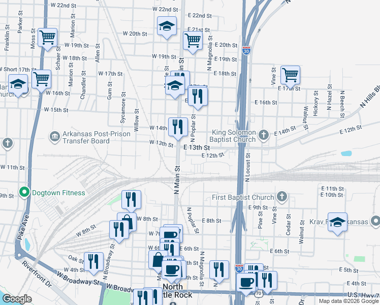 map of restaurants, bars, coffee shops, grocery stores, and more near 115 East 12th Street in North Little Rock