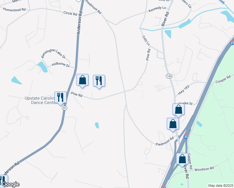 map of restaurants, bars, coffee shops, grocery stores, and more near 222 Pine Road in Powdersville