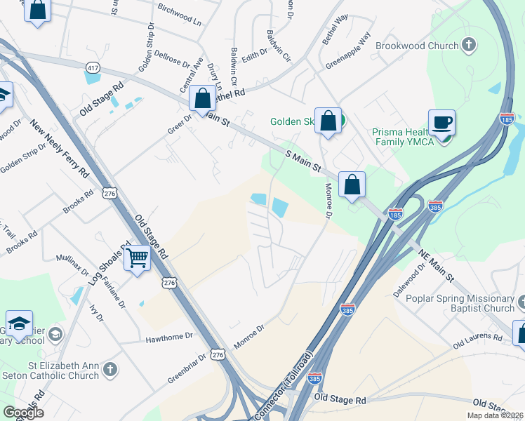 map of restaurants, bars, coffee shops, grocery stores, and more near 117 Lakeshore Drive in Simpsonville