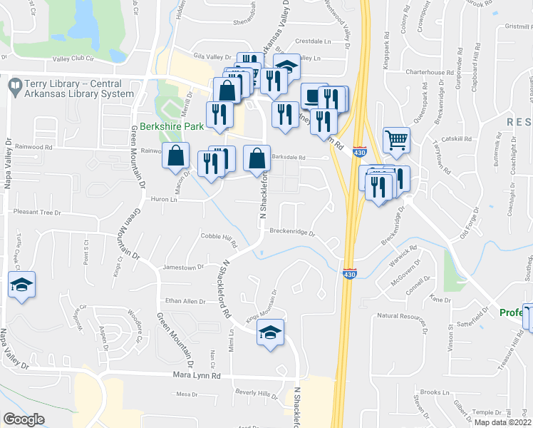 map of restaurants, bars, coffee shops, grocery stores, and more near 1323 North Shackleford Road in Little Rock