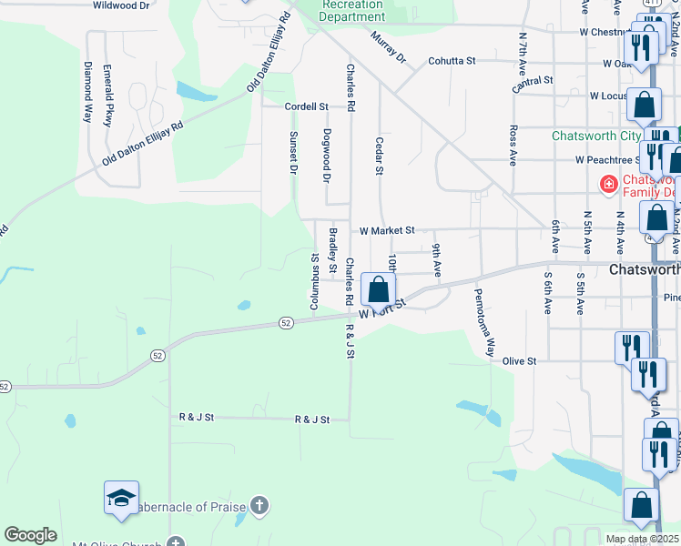 map of restaurants, bars, coffee shops, grocery stores, and more near 199 Bernard Street in Chatsworth
