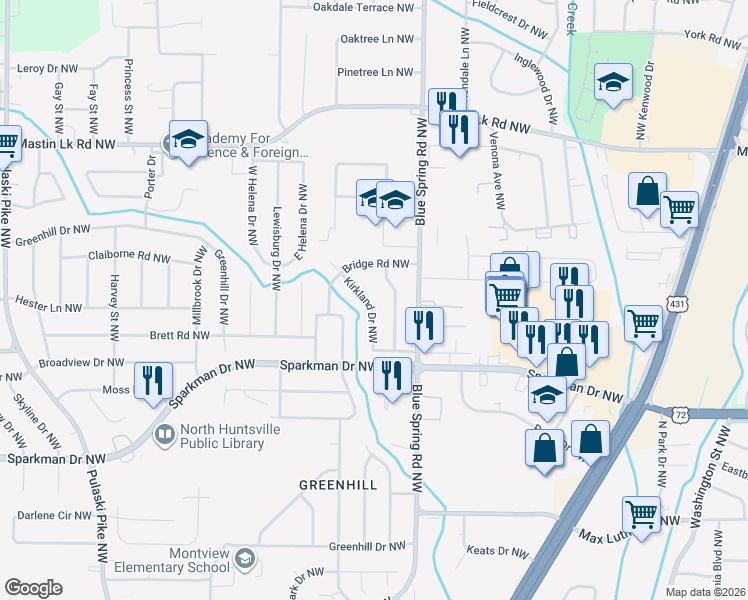 map of restaurants, bars, coffee shops, grocery stores, and more near 3012 Kirkland Drive Northwest in Huntsville