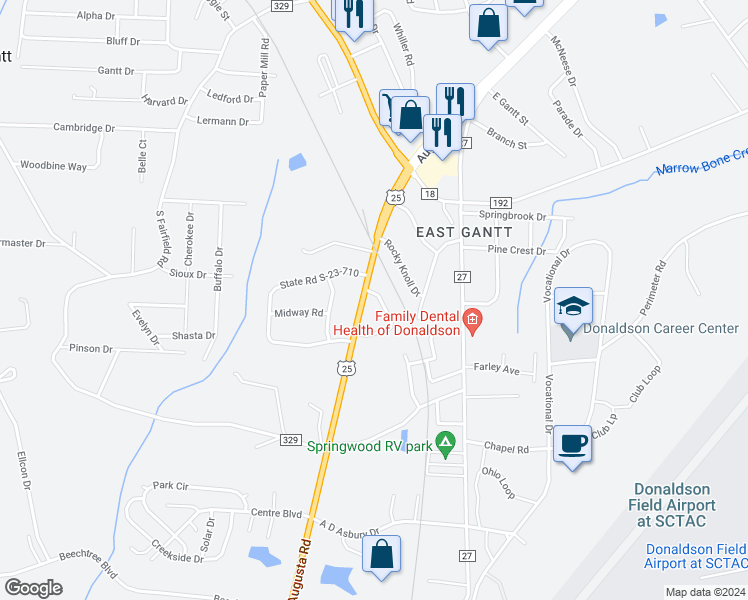 map of restaurants, bars, coffee shops, grocery stores, and more near 2 Twin Springs Drive in Greenville