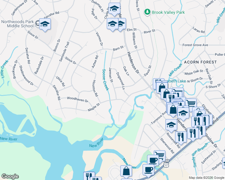 map of restaurants, bars, coffee shops, grocery stores, and more near 407 Jarman Street in Jacksonville