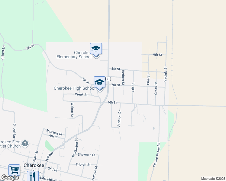 map of restaurants, bars, coffee shops, grocery stores, and more near 850 Guthrie Street in Cherokee