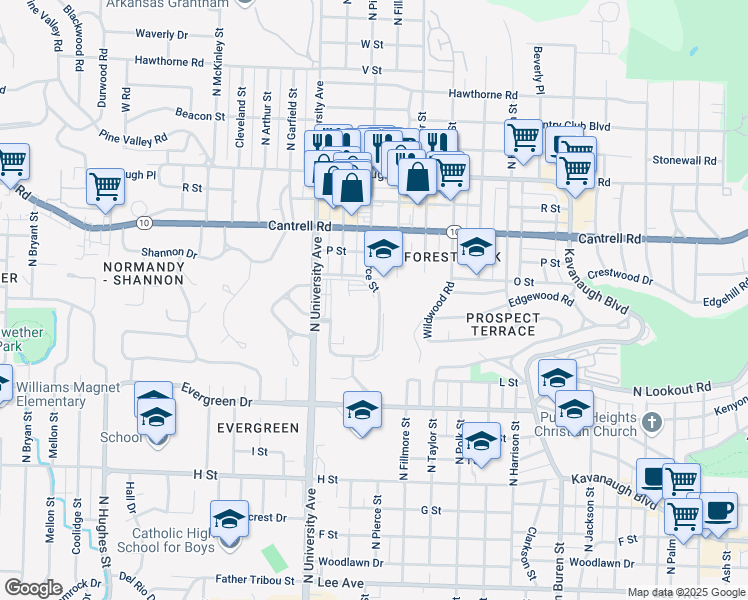 map of restaurants, bars, coffee shops, grocery stores, and more near 1402 North Pierce Street in Little Rock