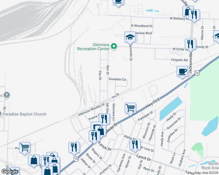 map of restaurants, bars, coffee shops, grocery stores, and more near 1411 James Street in North Little Rock