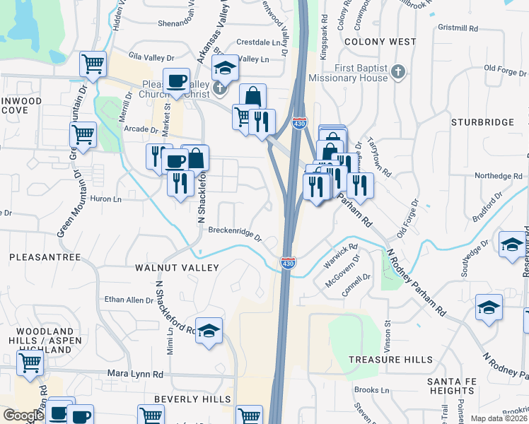 map of restaurants, bars, coffee shops, grocery stores, and more near 7 Walnut Valley Drive in Little Rock