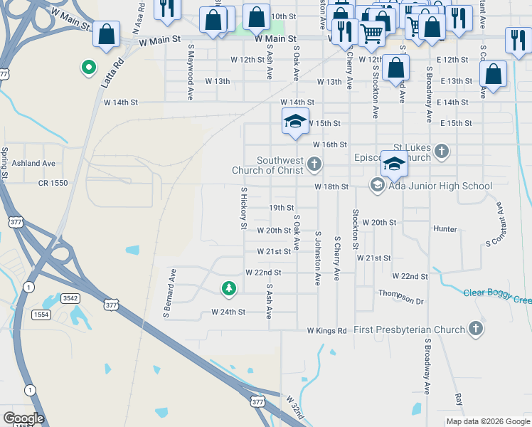map of restaurants, bars, coffee shops, grocery stores, and more near 701 19th Street in Ada