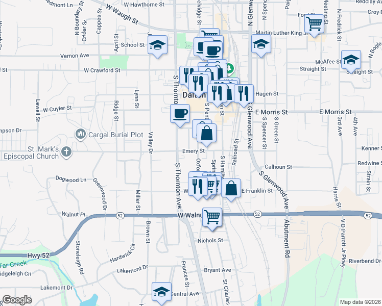 map of restaurants, bars, coffee shops, grocery stores, and more near 309 West Emery Street in Dalton
