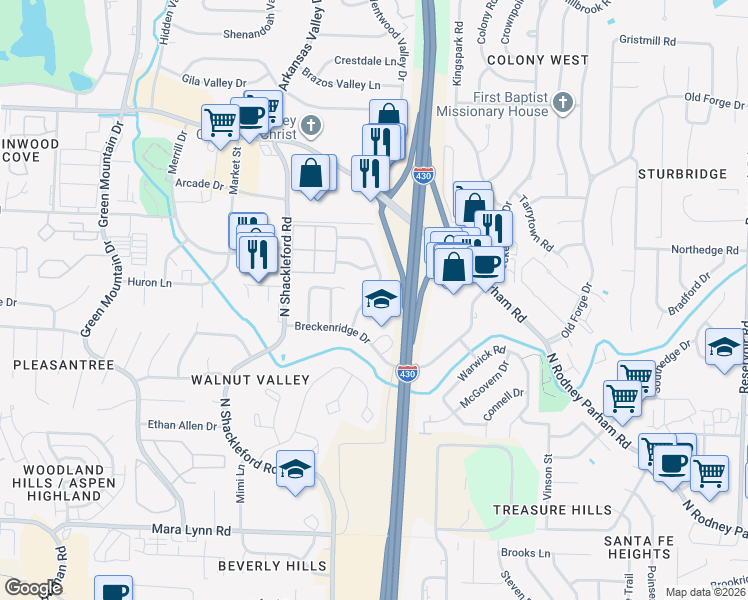 map of restaurants, bars, coffee shops, grocery stores, and more near 7 Walnut Valley Drive in Little Rock