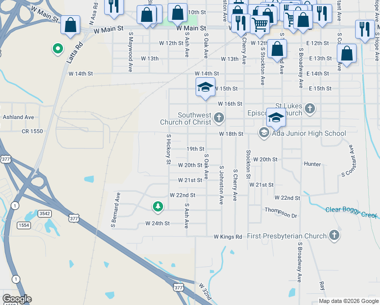 map of restaurants, bars, coffee shops, grocery stores, and more near 701 19th Street in Ada