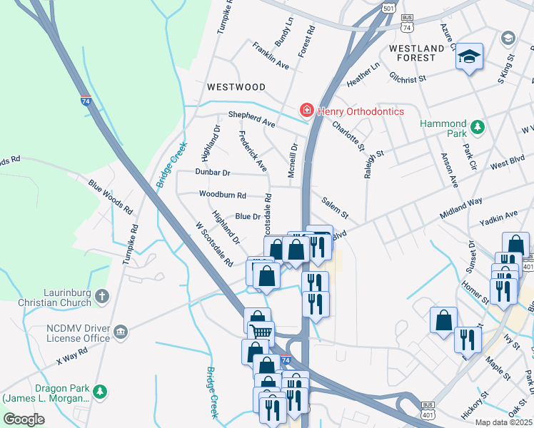 map of restaurants, bars, coffee shops, grocery stores, and more near 906 East Scotsdale Road in Laurinburg