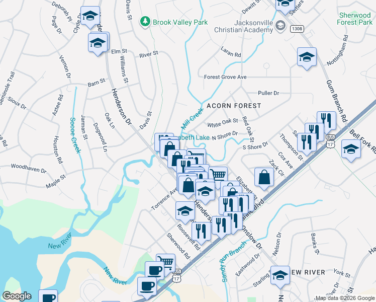 map of restaurants, bars, coffee shops, grocery stores, and more near 10 Dewitt Street in Jacksonville