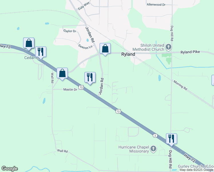 map of restaurants, bars, coffee shops, grocery stores, and more near 115 Ryland Ridge Circle in Huntsville
