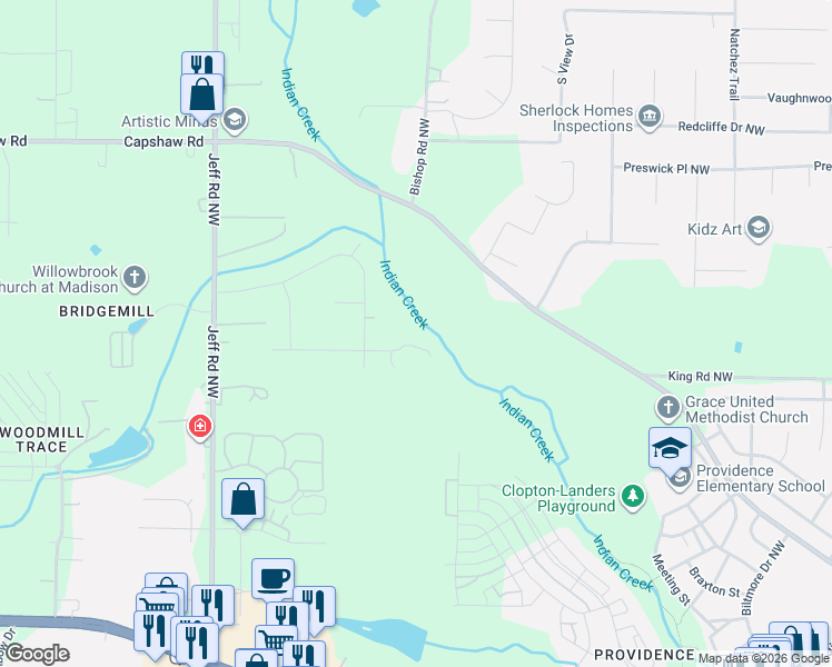 map of restaurants, bars, coffee shops, grocery stores, and more near 209 Earl Vaughn Drive Northwest in Huntsville