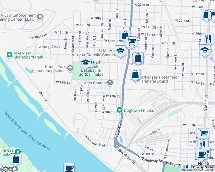 map of restaurants, bars, coffee shops, grocery stores, and more near 1120 Franklin Street in North Little Rock